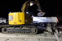 Heavy equipment is used to remove the old roadway material on southbound US-101 during the night of October 16, 2026.