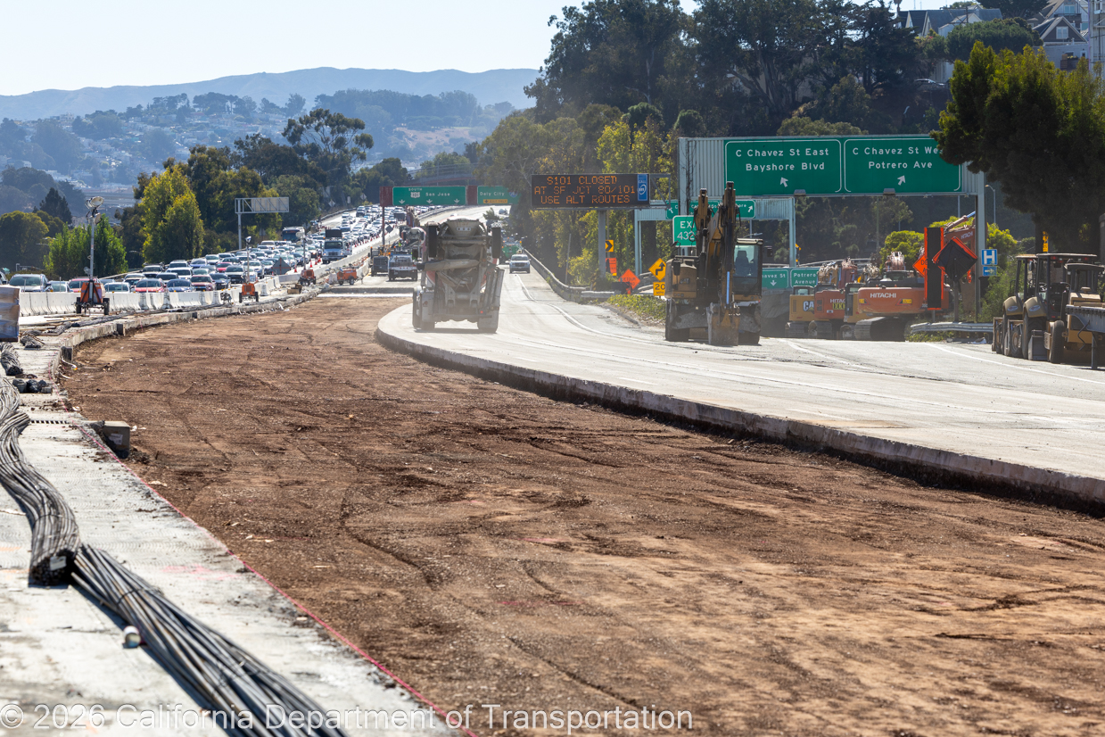 The old roadway material has been removed from two lanes of southbound US-101 near the exit to Caesar Chavez Street on Saturday, October 17, 2026.