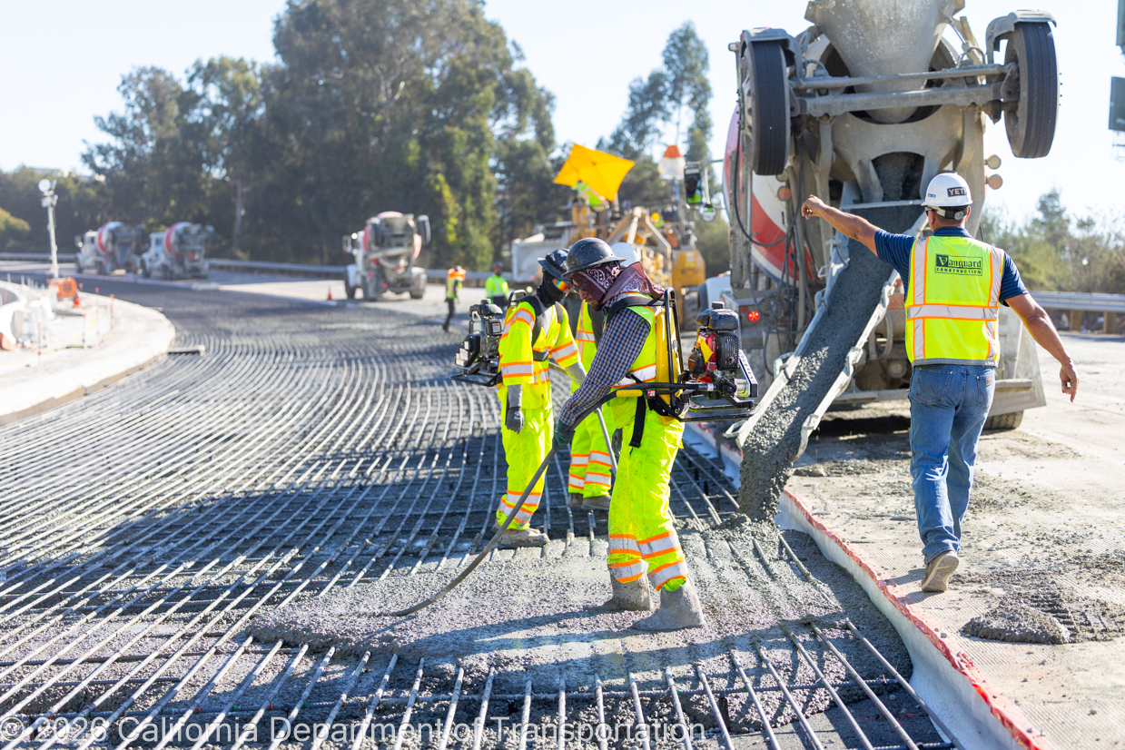 Concrete is poured during the roadway rehabilitation project on southbound US-101 near Hospital Curve on Saturday, October 17, 2026.