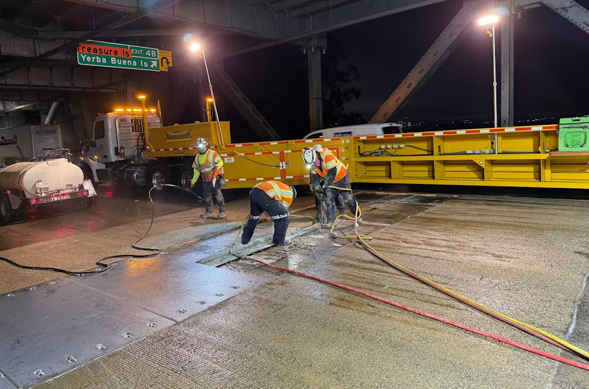 Caltrans working on the San Francisco Bay Bridge for the San Francisco-Oakland Bay Bridge Joint Rehabilitation Project. 
