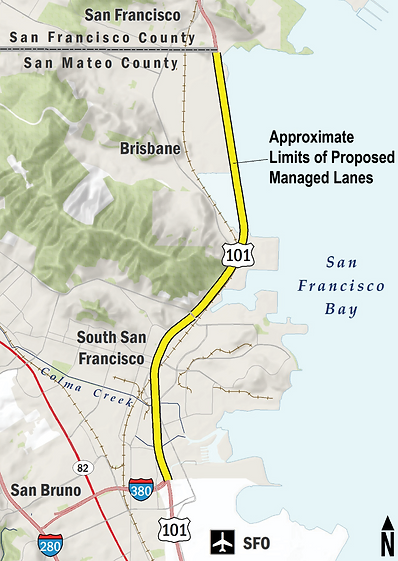 Project location map showing the project limits between the U.S. 101/I-380 interchange in South San Francisco and the San Mateo/San Francisco County Line.