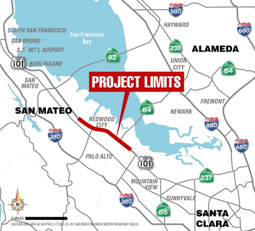 Map showing the project limits of the San Mateo US-101 Pavement Rehabilitation & Median Barrier Upgrade Project. The project is located on US-101 in East Palo Alto, Menlo Park, and Redwood City, from Santa Clara/ San Mateo County line to 0.1 mile south of Whipple Avenue.