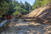 SR-84 storm damage repair of landslide (slipout) at PM 17.9 near Woodside, rock slope protection installation completed, earthwork, meeting between contractor and Caltrans, Fred Broosheri.