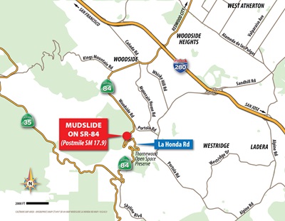 Map showing the location of the mudslide on State Route 84 near Woodside in San Mateo county.