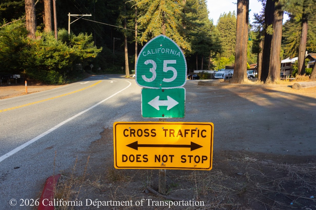 State Route 35 highway shield with cross traffic does not stop sign underneath.