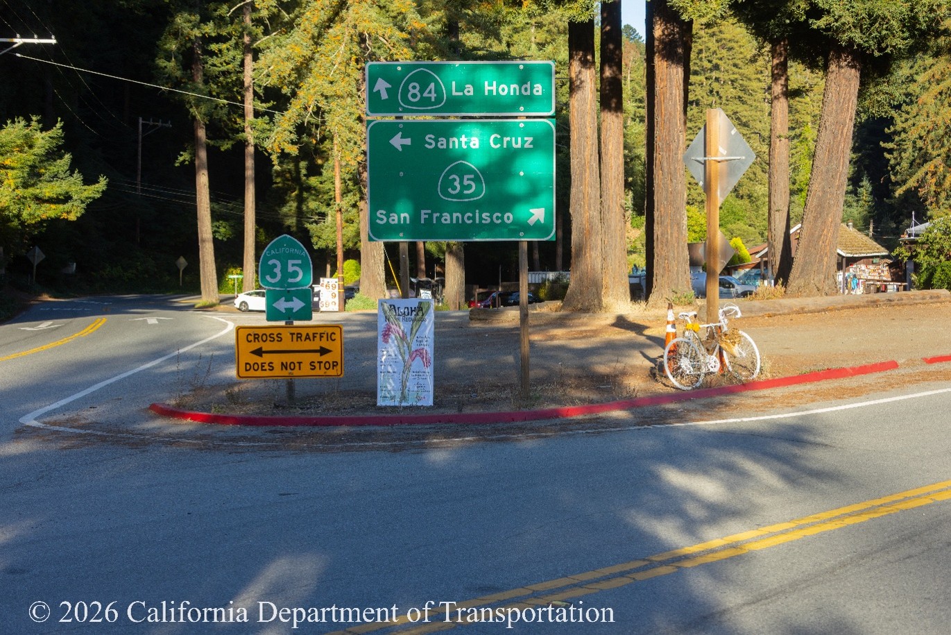 State Route 84 and State Route 35 sign next to SR-35 highway shield with cross traffic does not stop sign underneath at the Four Corners Intersection.