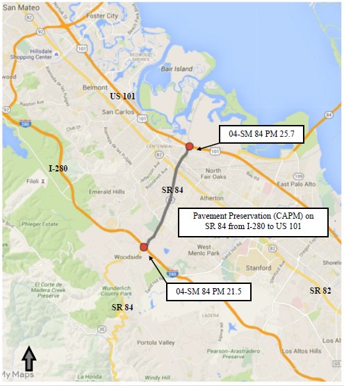 Map of the State Route 84 Capital Preventive Maintenance project. The project will take place between I-280 and US-101 in San Mateo County.