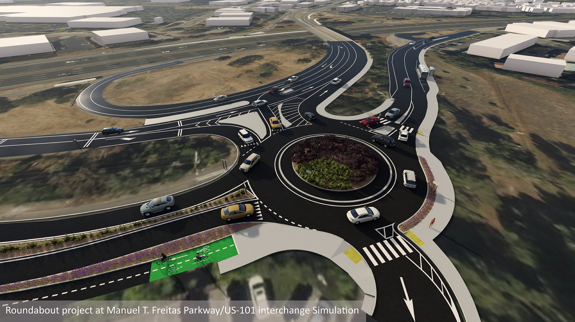 Simulated rendering of completed Roundabout project at Manuel T. Freitas Parkway/US-101 interchange.