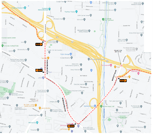 Map showing the expected detour route for a closure on US 101 in Santa Clara County at Moffett Blvd.