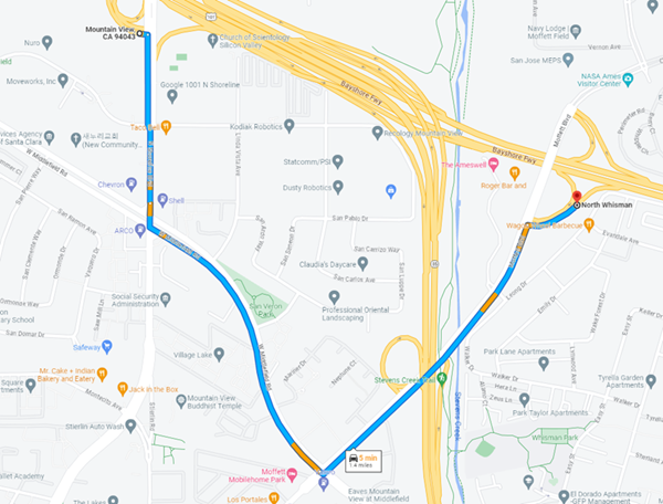 Detour map for drivers looking to access Moffett Blvd during the closure of SB 101 at Moffett Blvd.