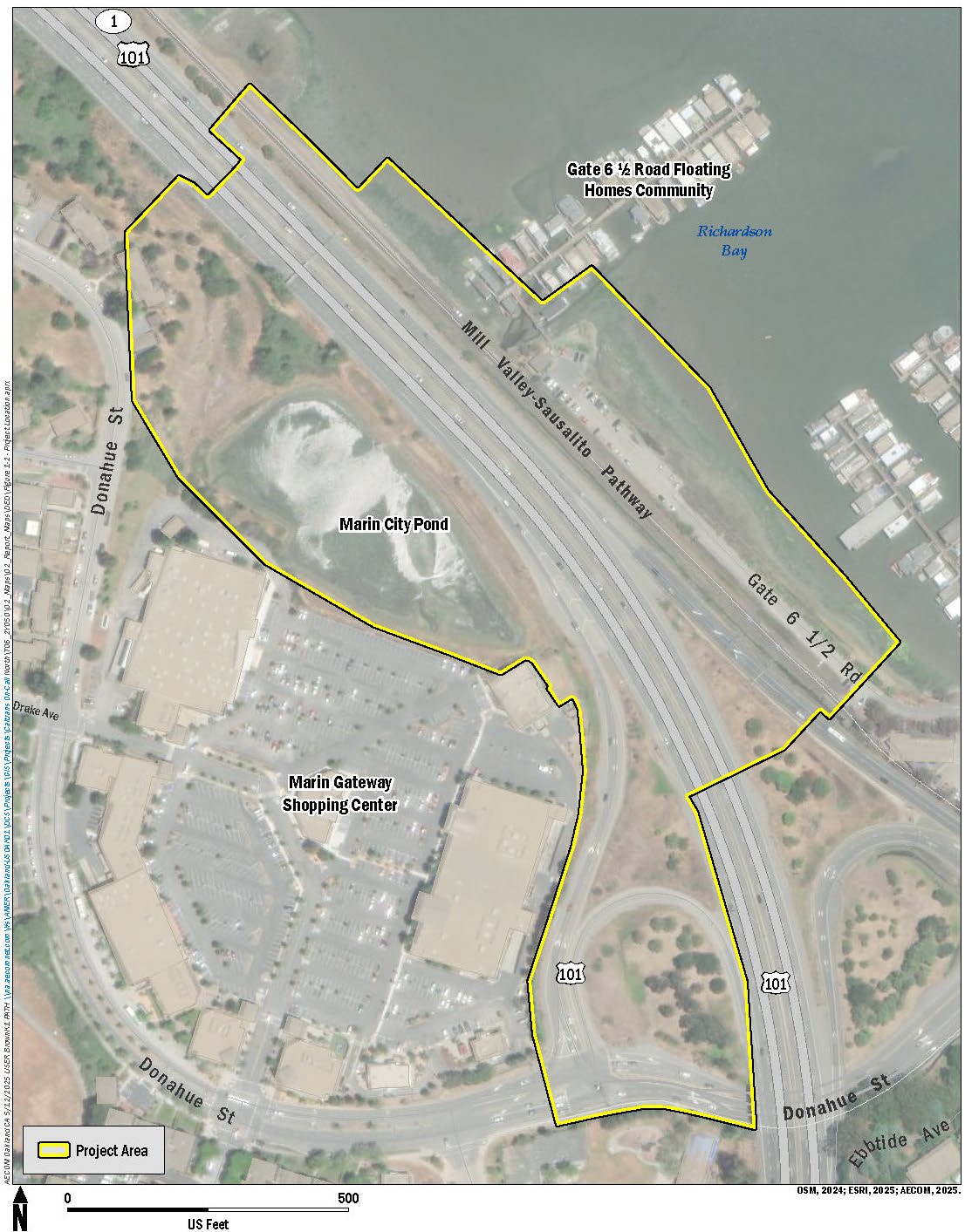 Detail of the Project area over an aerial map. The Project area overlaps US 101 and the US 101/Donahue Street interchange, and is directly west of Richardson Bay. 