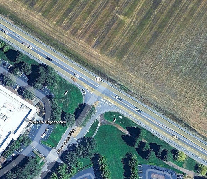 Satellite view of the intersection of State Route 116 and Pine View Way in the city of Petaluma in Sonoma County.