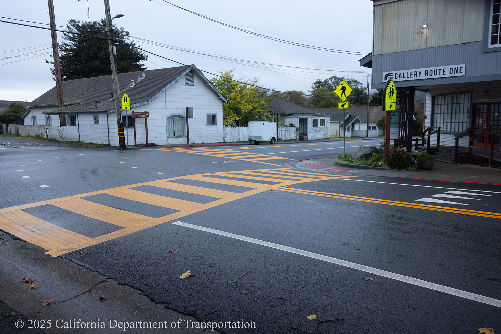 Rehabilitated crosswalk as part of the State Route 1 Capital Preventative Maintenance project. The project includes upgrades to existing  SR-1 infrastructure, including pavement rehabilitation, curb ramp upgrades in the communities of Point Reyes Station and Tomales, replacement of guardrails and crash cushions, upgrading of drainage inlets, replacement of aging culverts, and improvements to crosswalks and signage in Point Reyes Station and improvements to sidewalks in the town of Tomales
