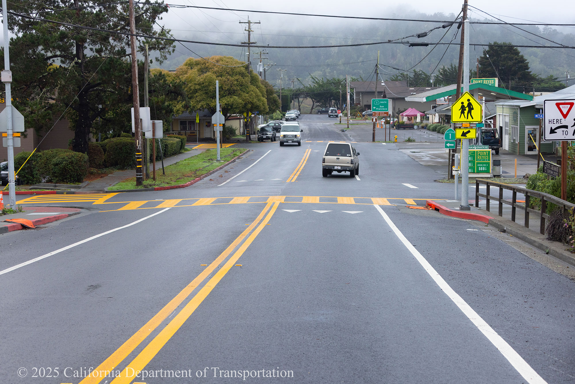 Rehabilitated pavement on State Route 1 as part of the State Route 1 Capital Preventative Maintenance project. The project includes upgrades to existing  SR-1 infrastructure, including pavement rehabilitation, curb ramp upgrades in the communities of Point Reyes Station and Tomales, replacement of guardrails and crash cushions, upgrading of drainage inlets, replacement of aging culverts, and improvements to crosswalks and signage in Point Reyes Station and improvements to sidewalks in the town of Tomales