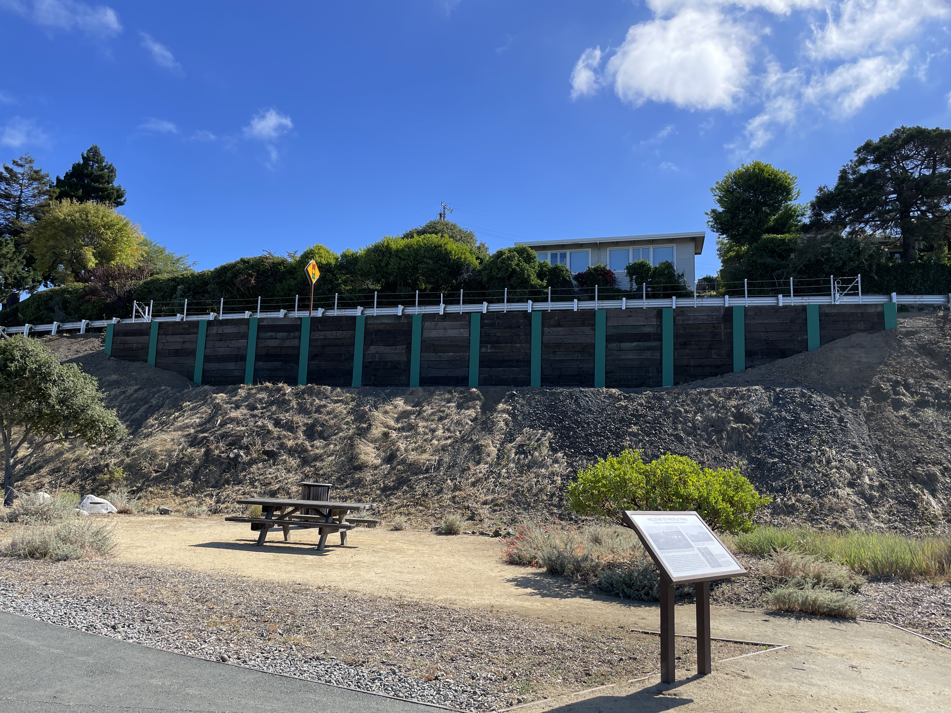 A view of the retaining wall on State Route 131 (Tiburon Boulevard) Retaining Wall Project at Stewart Drive.
