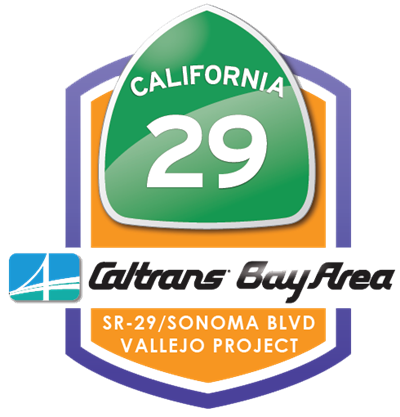Project Logo for SR-29 Sonoma Blvd Vallejo Project. Features the California State Route  29 shield above the Caltrans Bay Area logo and the project name.