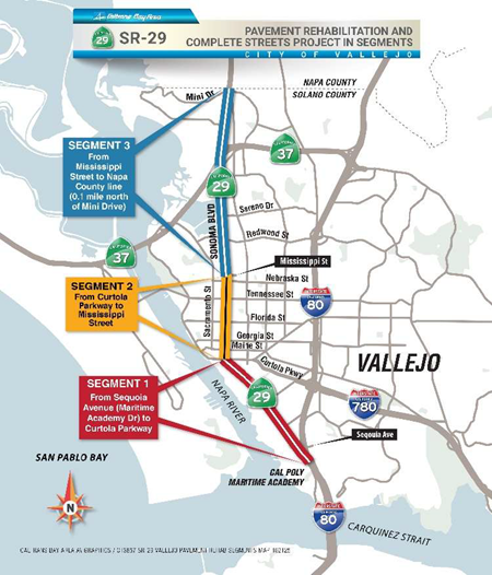 Project map showing the three segments of the project. Segment 1: From Sequoia Avenue (Maritime Academy Dr) to Curtola Parkway. Segment 2: From Curtola Parkway to Mississippi Street. Segment 3: From Mississippi Street to Napa County line (0.1 mile north of Mini Drive).