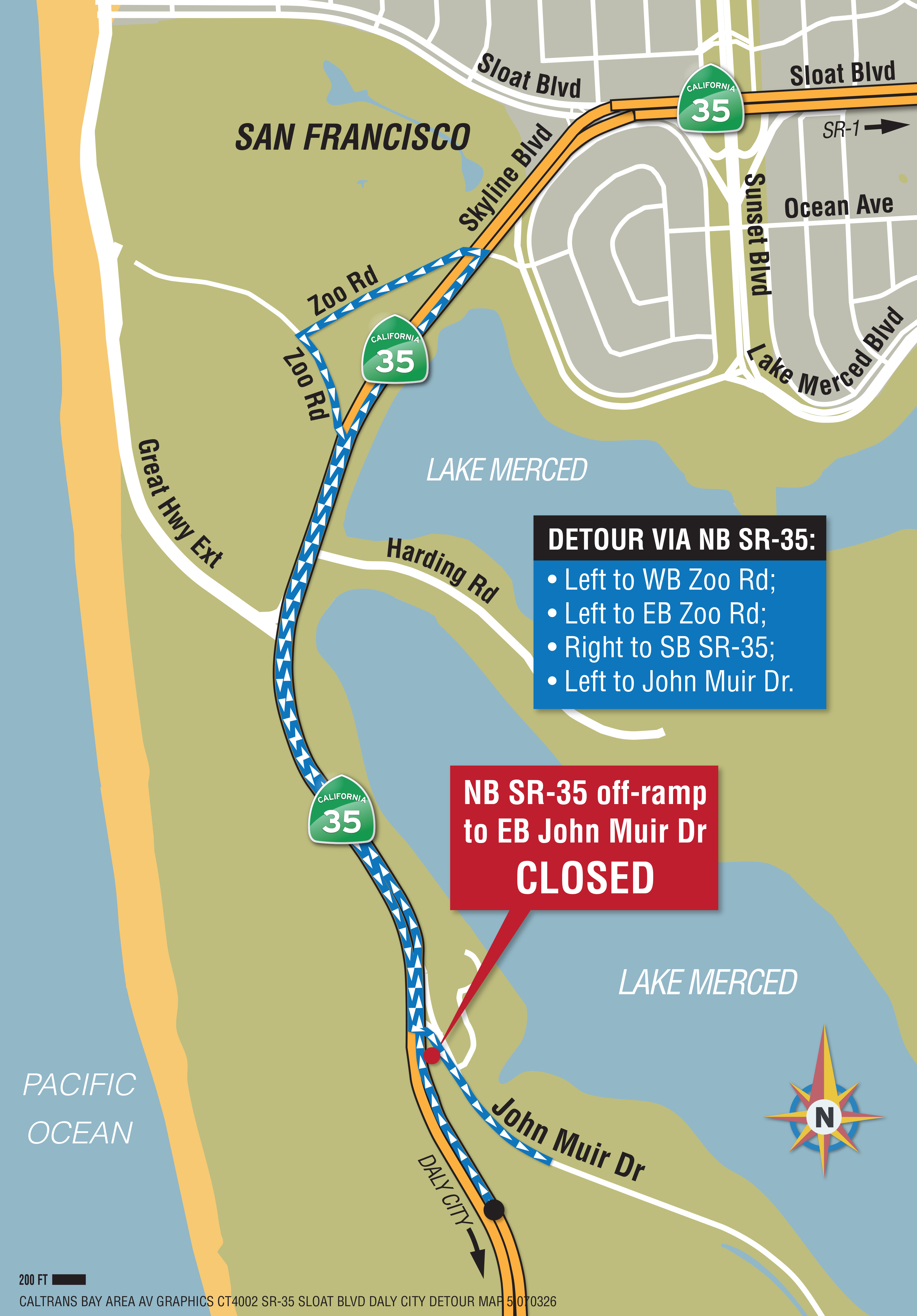 State Route 35 Pavement Preservation Project Detour map. NB SR-35 off-ramp to EB John Muir Dr. Closed. Detour via NB SR-35; Left to WB Zoo Rd; Left to EB Zoo Rd; Right to SB SR-35; Left to John Muir Rd.