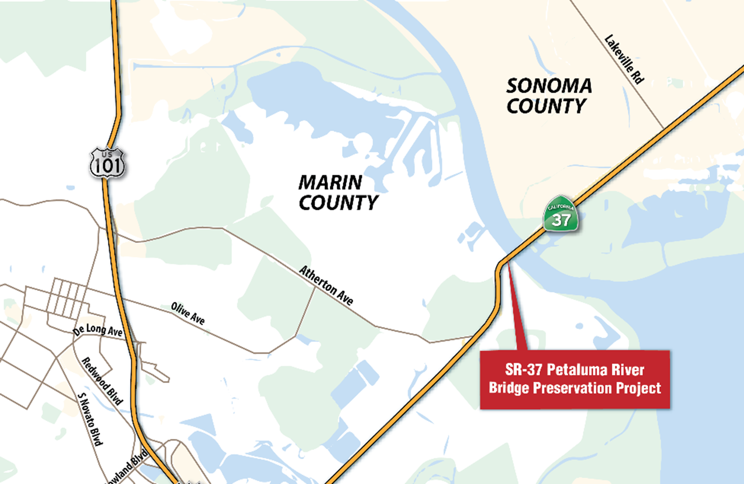 Map location of State Route 37 Petaluma River Bridge Preservation Project, located in Marin and Sonoma counties on SR-37 from Harbor Drive to near Sears Point Road.