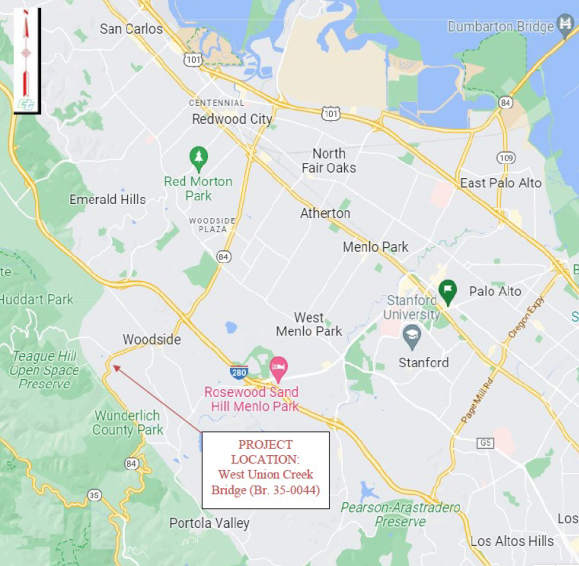 Map showing the approximate location of the West Union Creek Bridge project on State Route 84 near Woodside in San Mateo County.