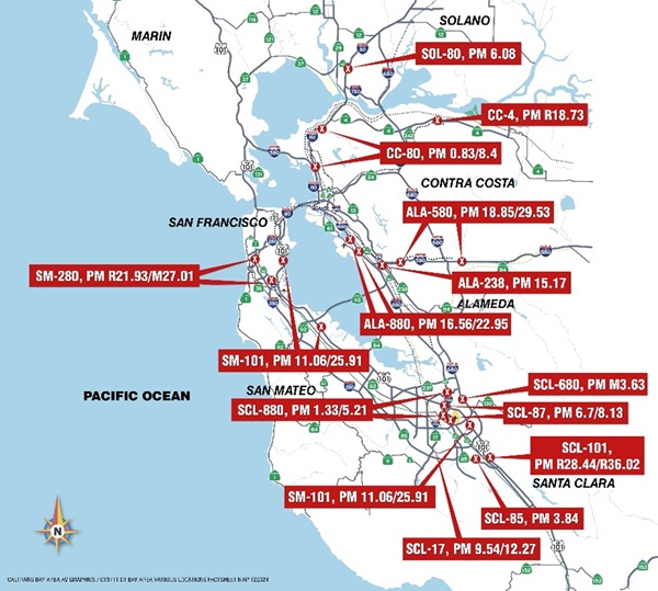 Map locations where transportation management system (TMS) performance and guardrail installation projects will take place.