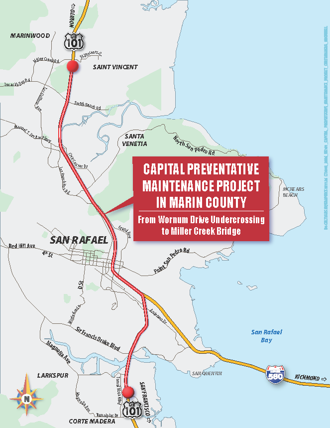 US 101 Capital Preventative Maintenance Project in Marin County Project Map, from Wornum Drive Undercrossing to Miller Creek Bridge.