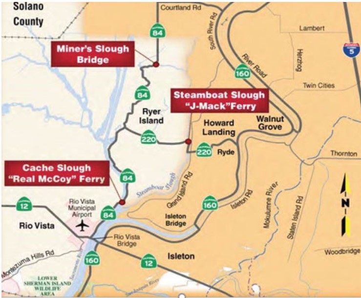Map of Caltrans ferries in the delta region. Includes the "Real McCoy" ferry on SR-84 to cross Cache Slough and the "J-Mack" Ferry on SR-220 to cross Steamboat Slough.