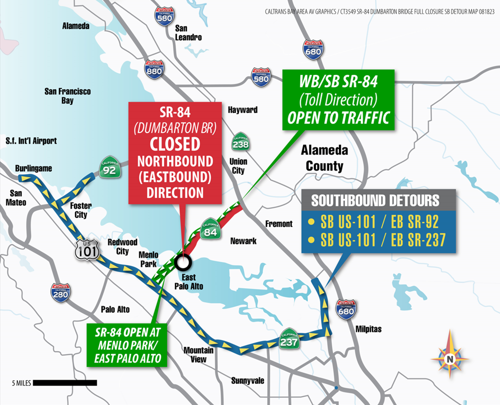 Map showing the detour routes for the Eastbound SR-84 closure on the Dumbarton Bridge. Motorists are advised to use either State Route 237 or State Route 92 (San Mateo Bridge) during the closure.