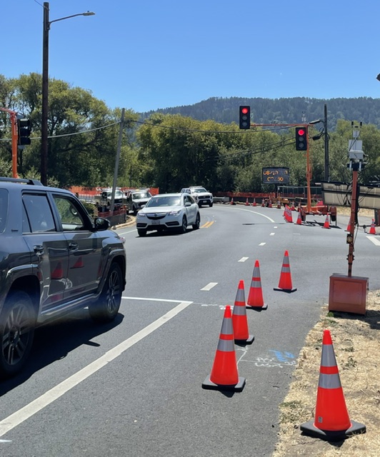 Cars traveling on State Route 1 where Caltrans is working on the Lagunitas Creek Bridge Replacement Project,