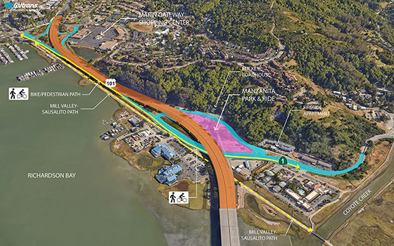 Concept graphic showing the Accommodate option in which SR-1, US 101, and the Manzanita Park and Ride lot would be elevated to the design sea-level rise (SLR) elevation. US 101 is proposed to be a causeway, allowing flood waters to pass under the structure. SR-1 and the park and ride are proposed on treated fill supported by retaining walls. 