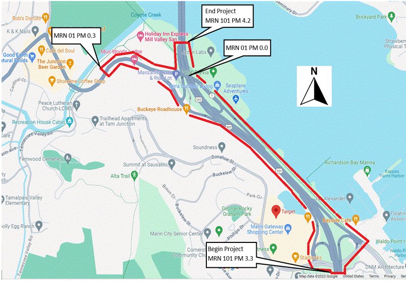Map of area where the California Department of Transportation (Caltrans) proposes to enhance access and mobility by addressing recurring flooding and sea-level rise impacts that affect State Route 1 (SR-1), US-101 and the Manzanita Park and Ride lot in the Richardson Bay area. The proposed project area starts on US 101 to the south of the Donahue Street exit and continues northward to the Richardson Bay Bridge on US 101 and along State Route 1 before Coyote Creek.