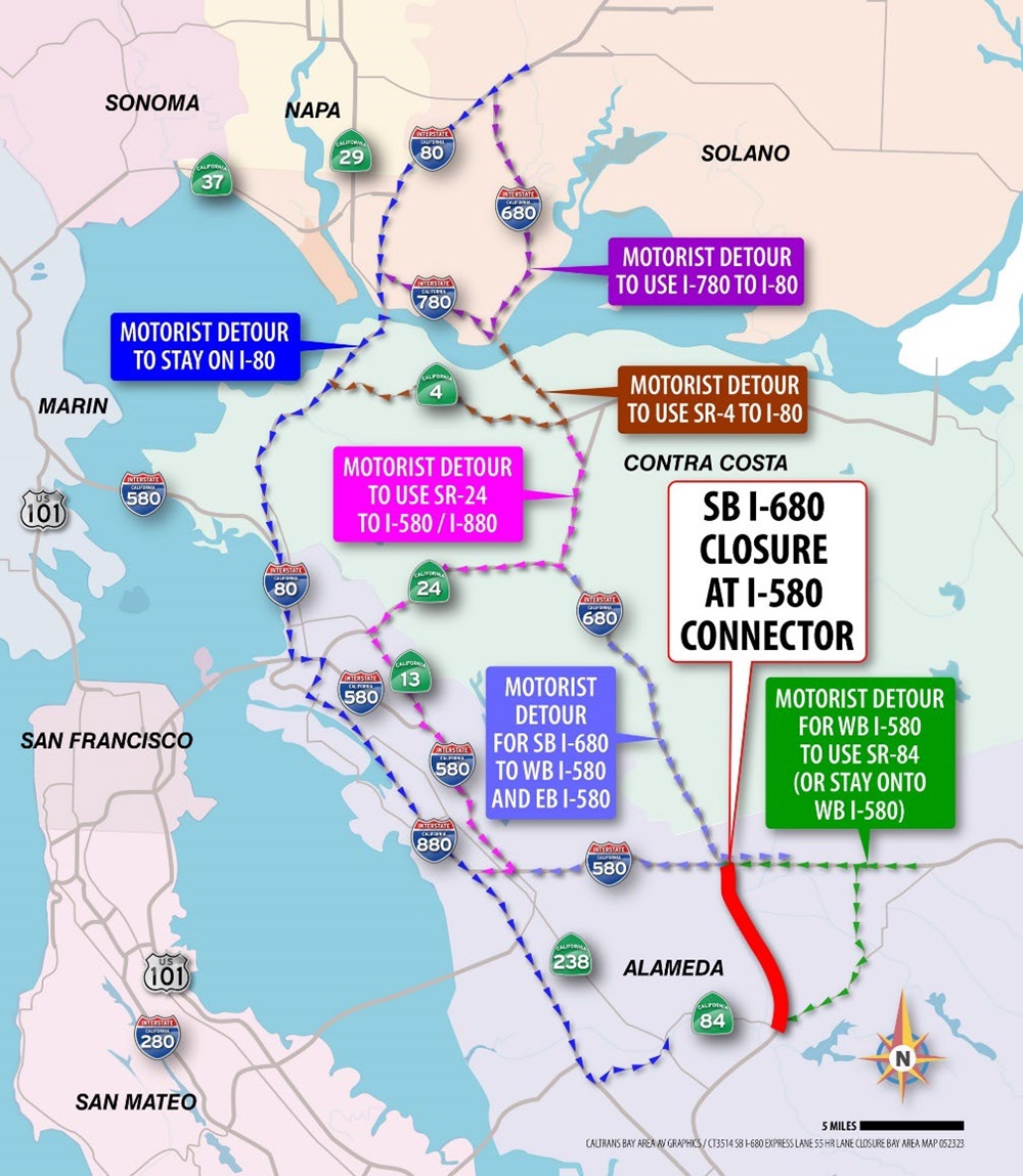 Detour map of closures for Interstate 680 Repaving Project.