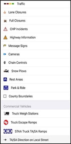 Caltrans Quickmaps App traffic legend screenshot.