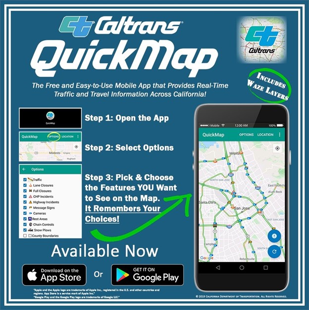 Caltrans Quickmaps App advertisement for Apple App Store and Google Play Store.