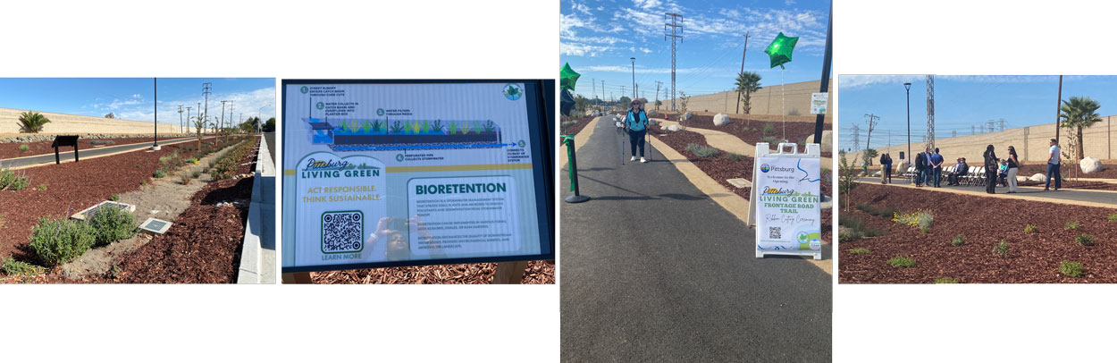 A collage of photos that were taking at the ribbon cutting Ceremony for the Living Green Trail and Community Project in Pittsburg. Photos show location pf the ceremony, sign for the project and attendees of the ribbon cutting ceremony.