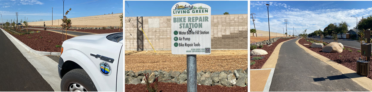 A collage of photos that were taking at the ribbon cutting Ceremony for the Living Green Trail and Community Project in Pittsburg. Photos show location pf the ceremony, sign for the bike repair station and a city truck.