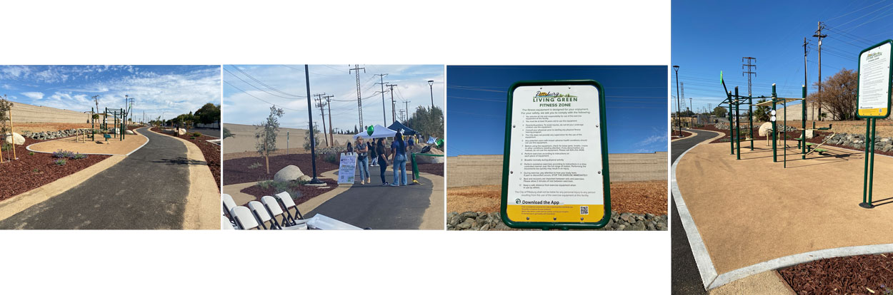 A collage of photos that were taking at the ribbon cutting Ceremony for the Living Green Trail and Community Project in Pittsburg. Photos show location pf the ceremony, sign for the project and attendees of the ribbon cutting ceremony.