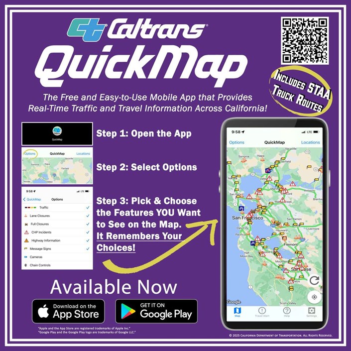 An image of Caltrans Quickmaps App and how to download it from Apple App Store and Google Play Store.