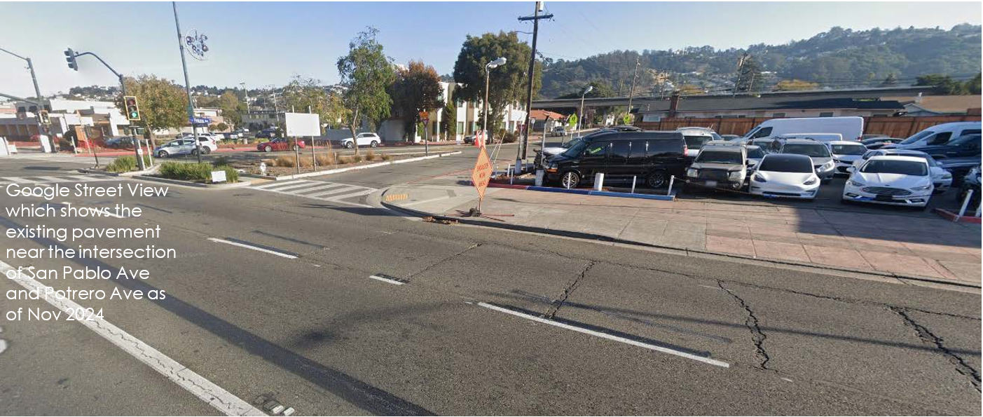 Google Street View which shows the existing pavement near the intersection of San Pablo Ave and Potrero Ave as of Nov 2024 before the State Route 123 Repaving Project in Contra Costa County