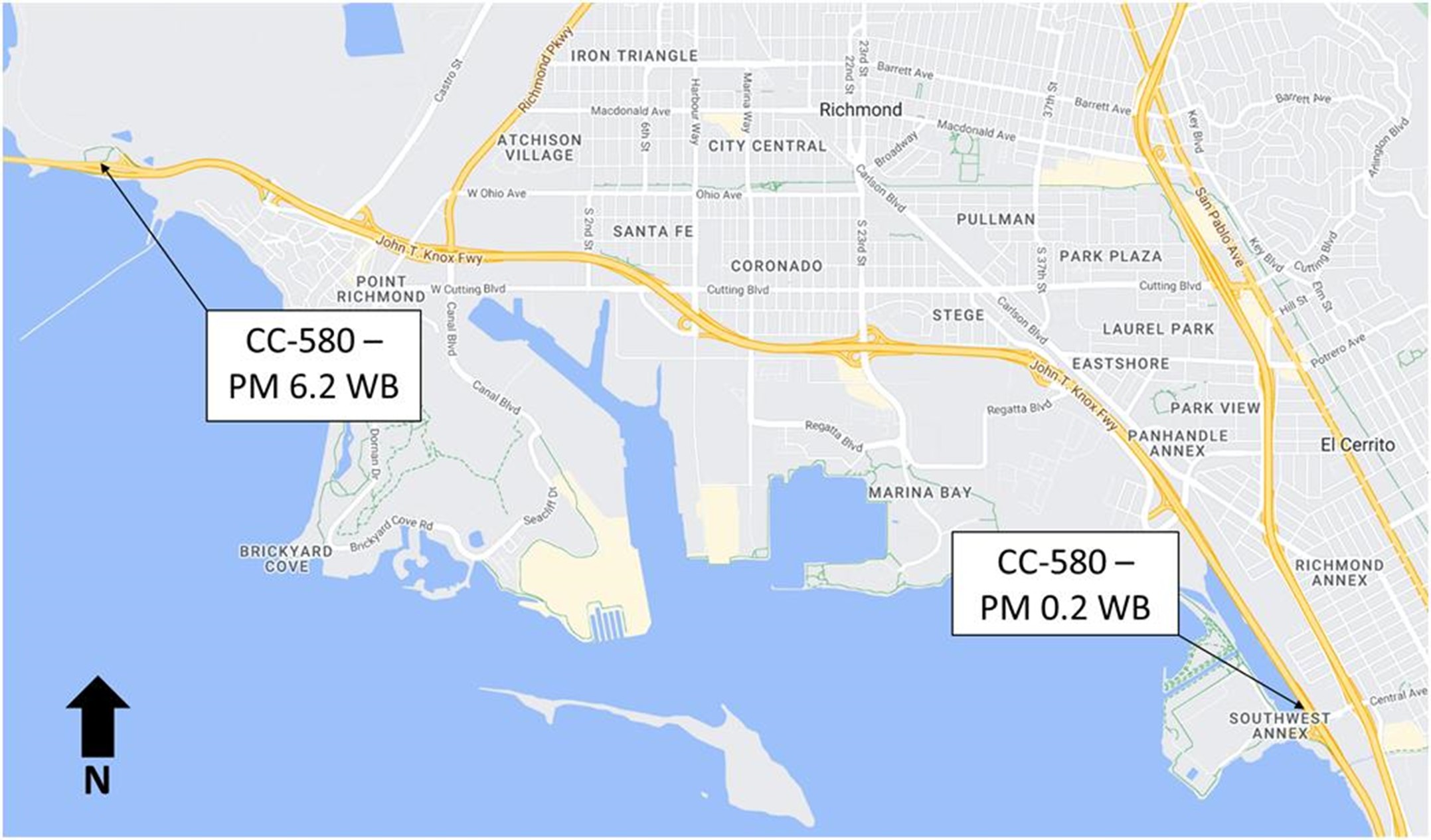 Map of where Interstate 580 Richmond–San Rafael Bridge Corridor Enhancements project will take place near the city of Richmond, on Interstate 580 between Regatta Boulevard Interchange and the east end of the Richmond-San Rafael Bridge.