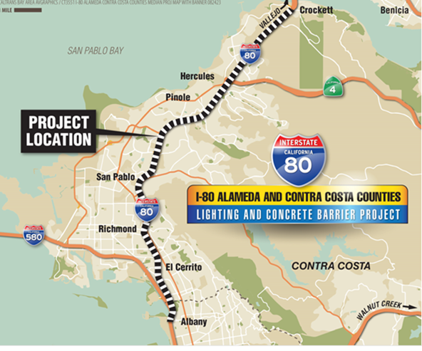 Map where Interstate 80 Median Barrier, Paving & Lighting Safety Project will take place from Interstate 80 Albany to Hercules and through the Carquinez Bridge area.
