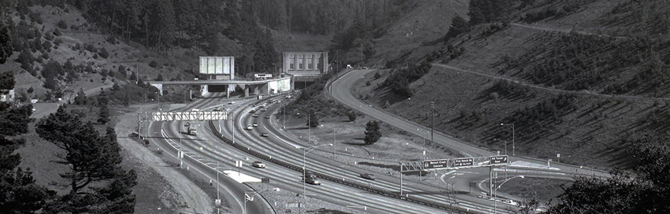 Black and white photo of State Route 24 Caldecott Tunnel Bores 1,2, and 3.