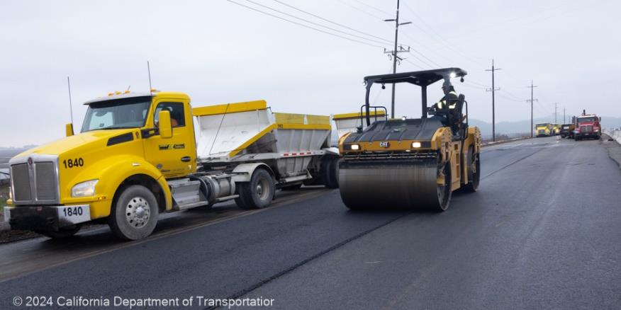 Caltrans road roller and truck at the Marin-Sonoma Narrows B-7 project.