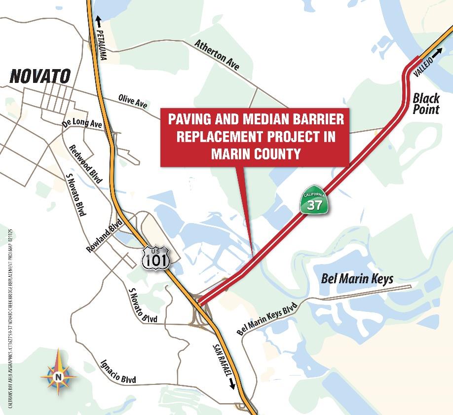 Map location of where State Route 37 (SR-37) paving and median barrier project in Marin to start in spring.