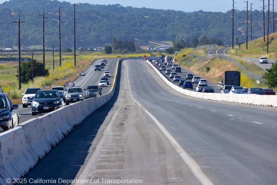 Cars travelling along Northbound US-101 near San Antonio Road as construction continues for the Marin Sonoma Narrows B-7 project.