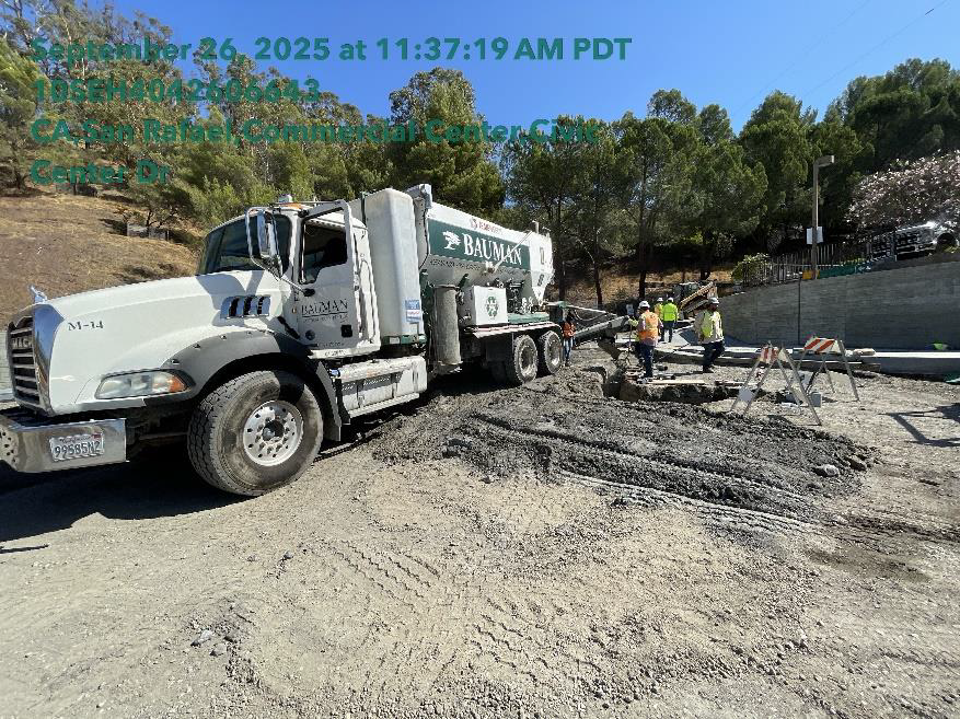 Caltrans crew and equipment working on US-101 for the Manuel T. Freitas Roundabout Project in San Rafael.