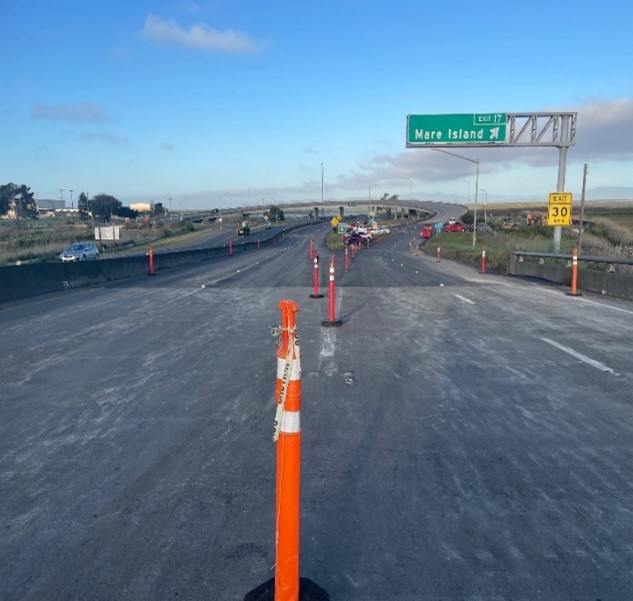 Cones are used to close westbound State Route 37 in Vallejo as part of a Caltrans paving project.