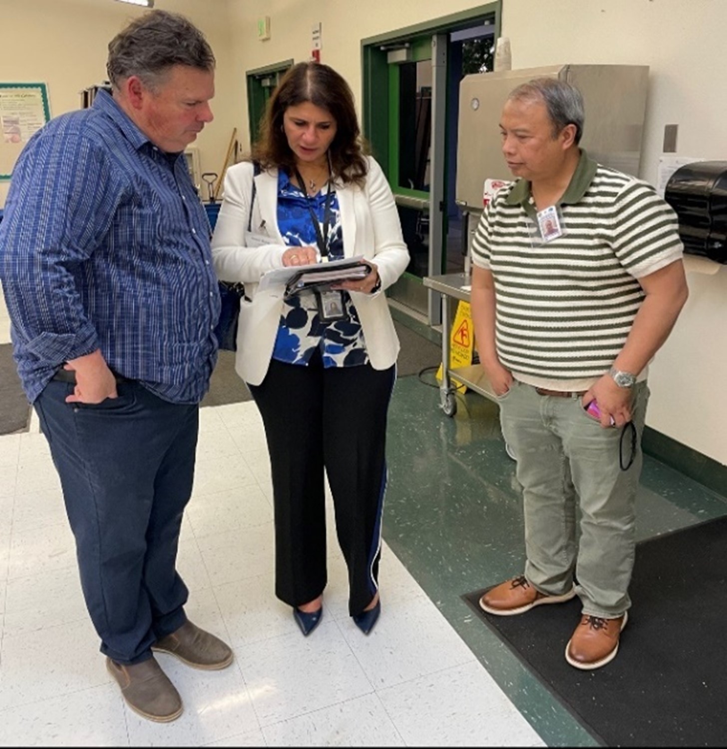 Caltrans engineers Amani Meligy, Anthony Cabangangan, and Caltrans Environmental Planner Shawn Hallum at a public meeting for the Five-Way Intersections Project in the City of Napa on SR-121 that was held on September 17 at Alta Heights Elementary School in Napa. 