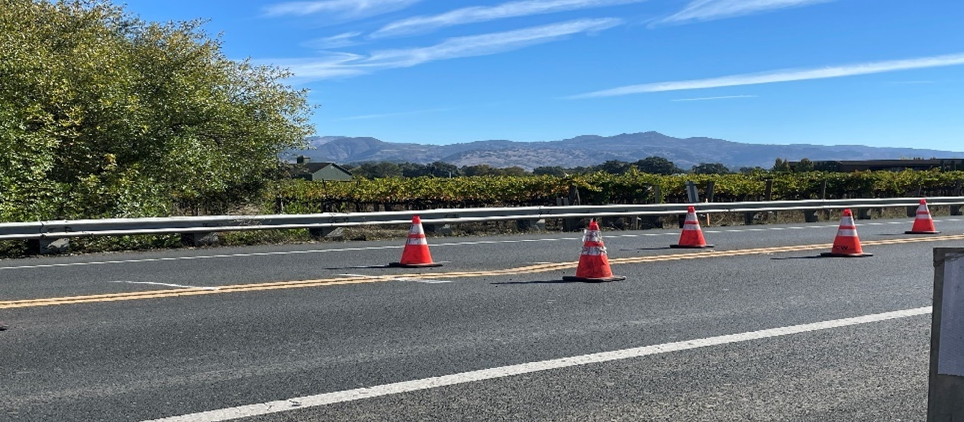 Cones on State Route 29 between Rutherford and Oakville near Glos Lane, a sinkhole has developed and soon, construction will begin to replace the culvert.