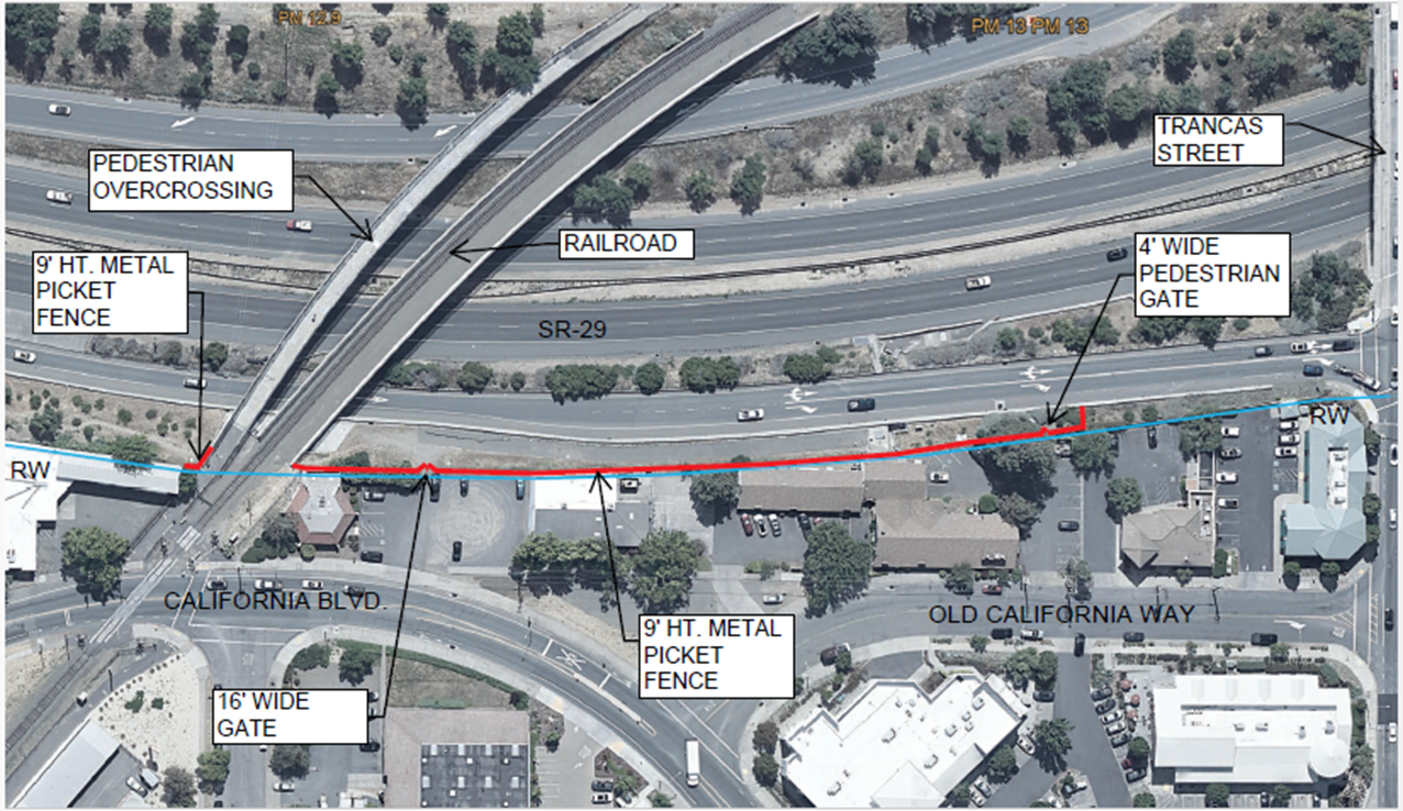 Map location of where new fencing is being constructed between Trancas Street and the pedestrian overcrossing to keep pedestrians from walking onto SR-29 for their safety. 